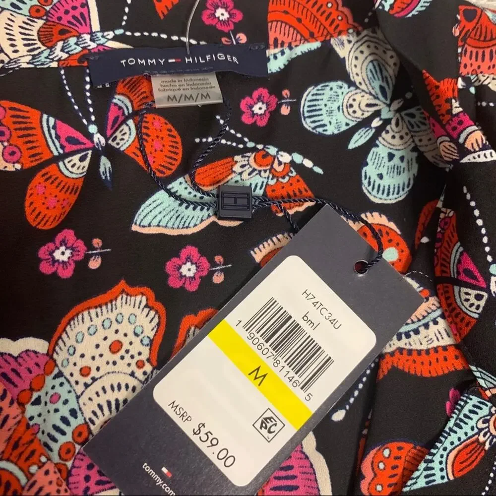 NWT Tommy Hilfiger butterfly print tie neck top